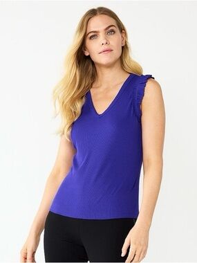 Nine West Kaitlin Dark Purple Ribbed V-Neck Tank Ruffle Sleeves Womens Large NWT